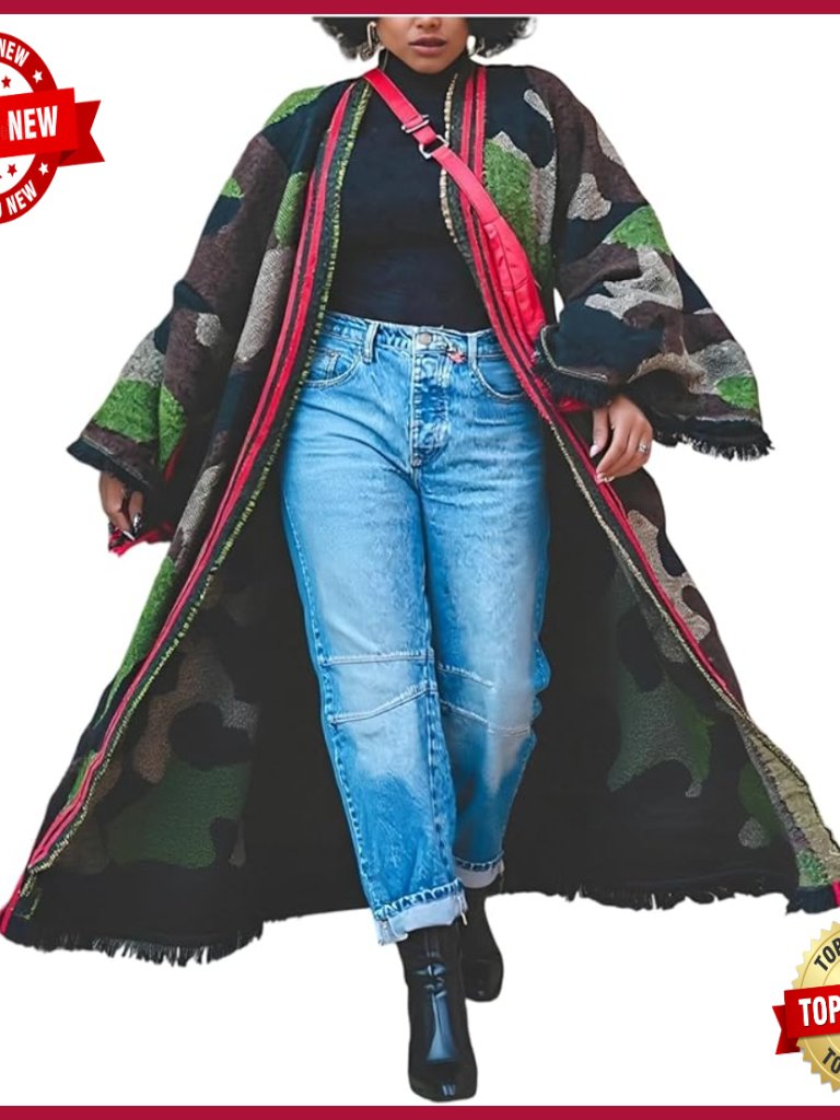 Long Chunky Cable Knit Fringed Cardigan Poncho Women Fall Winter Loose Fit